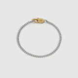 A silver-toned chain bracelet with a gold-toned lobster clasp, displayed on a light gray background.