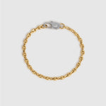 A gold chain bracelet with a silver-toned lobster clasp, displayed on a light gray background.