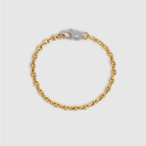 A gold chain bracelet with a silver-toned lobster clasp, displayed on a light gray background.