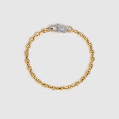 A gold chain bracelet with a silver-toned lobster clasp, displayed on a light gray background.