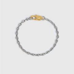 A silver-toned metal chain bracelet with a gold lobster clasp displayed on a light gray background.