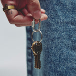 A close-up of a hand holding a silver keyring with a brass key, set against a background of blue denim jeans and a white wall.