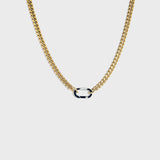Gold cuban chain with silver carabiner clasp on white background