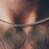 Close up of man wearing silver chain necklace
