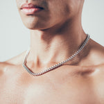 Close-up of man wearing silver chain necklace 