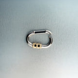 Open silver carabiner pendant featuring gold lock with diamond details on gray background