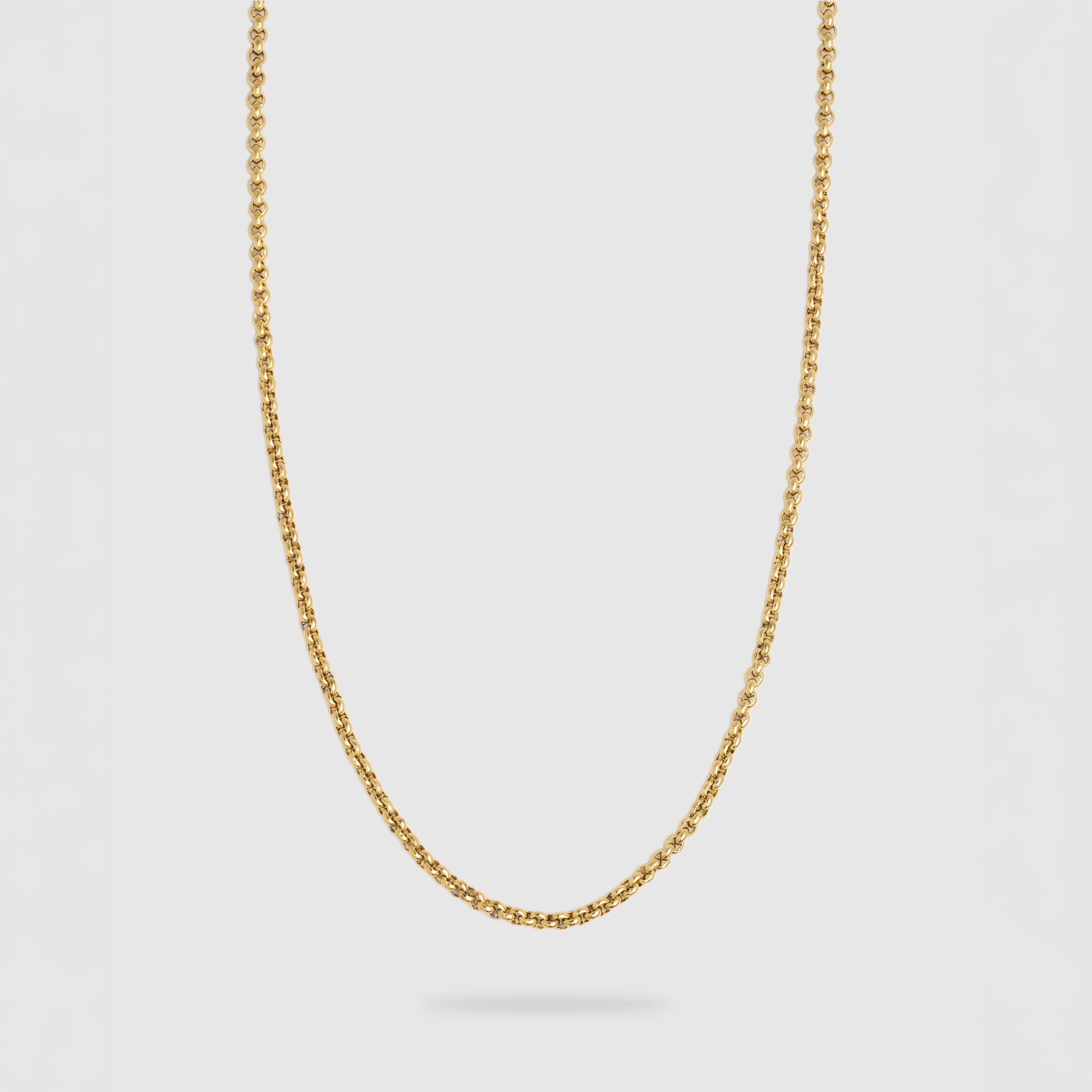A delicate gold chain necklace with a small, polished rolo link design, suspended against a light gray background.