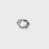 Silver hex-style ring on white background
