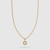 A gold Star of David pendant necklace on a delicate gold cable chain, shown against a light gray background.